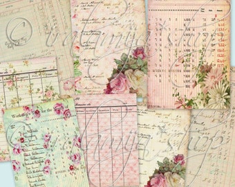 LEDGER PAPER Cards, Collage Digital Images -printable download file- Ledger paper, Vintage Paper, Roses, paper, Cards, Ledger, Junk Journal