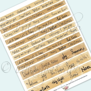 May include: A set of 12 printable Christmas themed stickers with a vintage aesthetic. The stickers feature a variety of winter and holiday phrases, including "Let it Snow", "Merry Christmas", "Winter Wonderland", and "Joy". The stickers are printed on a brown background with a watercolor effect.