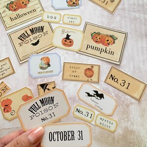 May include: A collection of vintage Halloween themed stickers with various designs, including pumpkins, bats, owls, and the text "Full Moon Poison" and "No. 31".