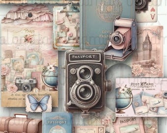 May include: A collection of vintage travel-themed ephemera including a blue passport, a brown suitcase, two twin-lens reflex cameras, a folding camera, a globe, a butterfly, a postcard, and a ticket strip labeled 25-cent with floral accents.