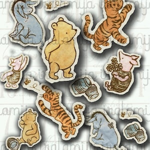 May include: A set of nine Winnie the Pooh character stickers. The stickers feature Winnie the Pooh, Tigger, Piglet, Eeyore, and a bee. The stickers are printed on a white background.