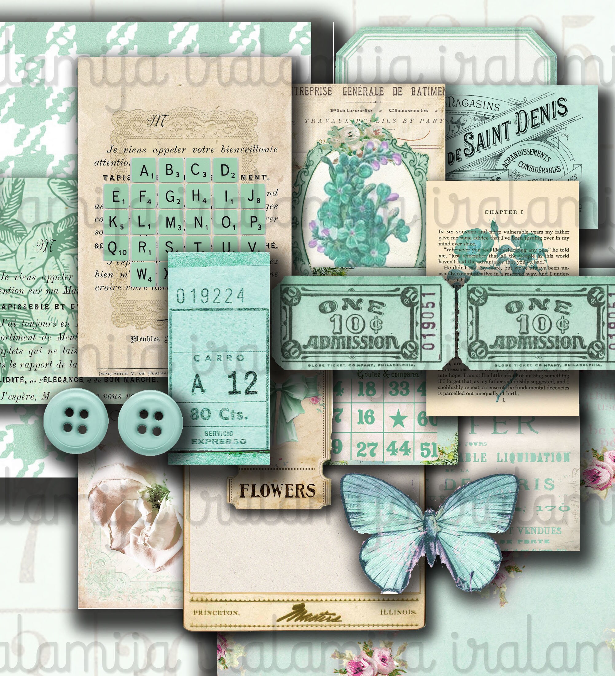 Junk Journal VINTAGE TURQUOISE Paper Floral Vintage Scrapbook Paper Shabby Ephemera Roses Printable Digital Download Vintage Scrapbook Paper