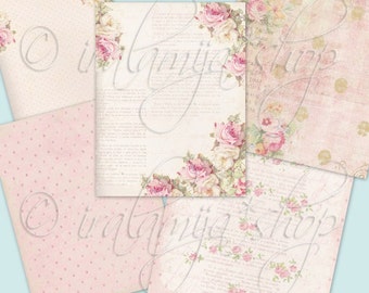 May include: Four vintage-style paper sheets with a pink and white floral design. The sheets have a distressed look and feature text and polka dots.