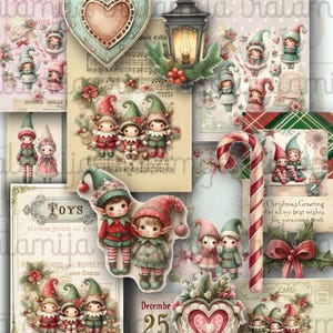 May include: A festive collage of Christmas-themed images, including elf illustrations, a candy cane, and vintage postcards. The color scheme features red, green, and pink, with decorative elements such as a heart-shaped ornament and a lantern.