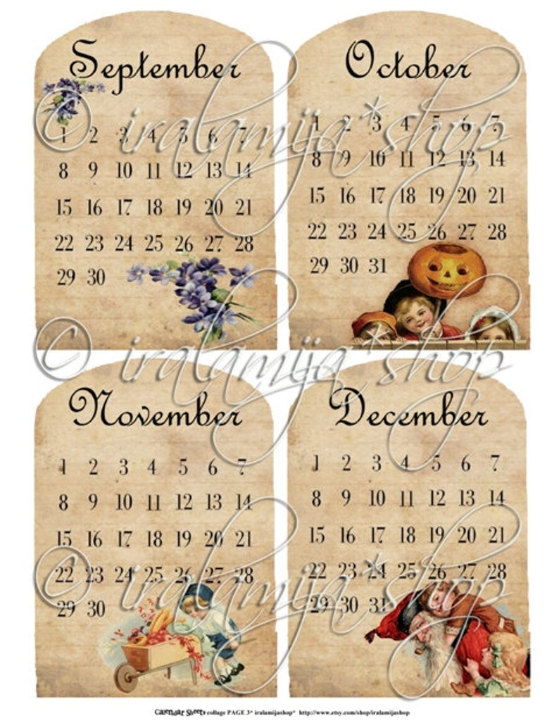 Printable Calendar / CALENDaR SHEETS / Printable Digital Images printable download / Vintage Style Calendar / Printable Old Calendar image 4