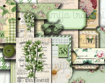 Junk Journal, VINTAGE GREEN Kit / Journal, Pages, Floral, Vintage, Shabby, Backing, Green Ephemera, Rose, Printable, Digital Download, Green