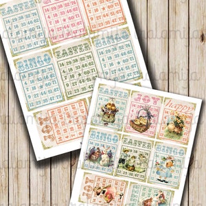 K&ouml;nnte beinhalten: Ein Satz von 10 druckbaren Oster-Bingo-Karten mit verschiedenen Ostermotiven, darunter Hasen, K&uuml;ken, Eier und Blumen. Die Karten sind im Vintage-Stil gestaltet und enthalten die W&ouml;rter "Ostern", "Bingo", "Freude" und "Gl&uuml;cklich".