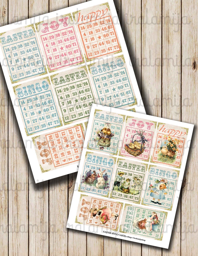 K&ouml;nnte beinhalten: Ein Satz von 10 druckbaren Oster-Bingo-Karten mit verschiedenen Ostermotiven, darunter Hasen, K&uuml;ken, Eier und Blumen. Die Karten sind im Vintage-Stil gestaltet und enthalten die W&ouml;rter "Ostern", "Bingo", "Freude" und "Gl&uuml;cklich".