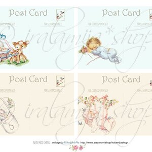 Op de afbeelding: Vier vintage baby-thema ansichtkaarten met een lichtblauwe en cr&egrave;me achtergrond. De ansichtkaarten bevatten illustraties van een baby in een kinderwagen, een slapende baby, een baby in een wieg en een baby op een schommel. De tekst "Post Card" staat bovenaan elke kaart.