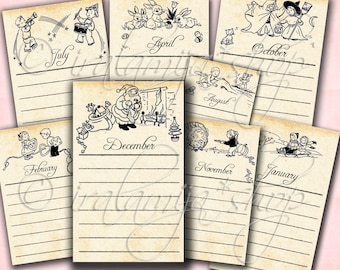 VINTAGE MONTHS Journaling Cards Collage Digital Images -printable download file- Vintage Months -Retro Calendar - Vintage Cards