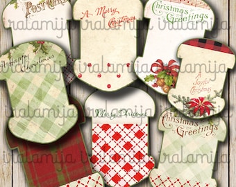 May include: Set of ten printable Christmas gift tags with various designs. The tags feature a variety of festive designs, including a plaid pattern, a green and white checkered pattern, and a red and white checkered pattern. The tags also feature various Christmas greetings, such as "A Merry Christmas", "Christmas Greetings", and "A Joyful Christmas".