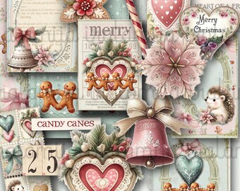 May include: A collection of Christmas-themed paper ephemera featuring gingerbread men, candy canes, hearts, bells, and hedgehogs. The designs include text such as Merry Christmas, Candy Canes, 25, and To: From: in soft pink, green, and brown tones.