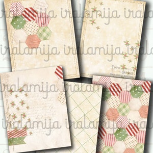 Peut inclure: Cinq feuilles de papier numérique sur le thème de Noël. Les feuilles présentent un motif de patchwork avec des couleurs rouge, verte et blanche. Les feuilles présentent également un motif de houx et le texte "TOYS & DOLLS, FANCY GOODS AND NOVELTIES".