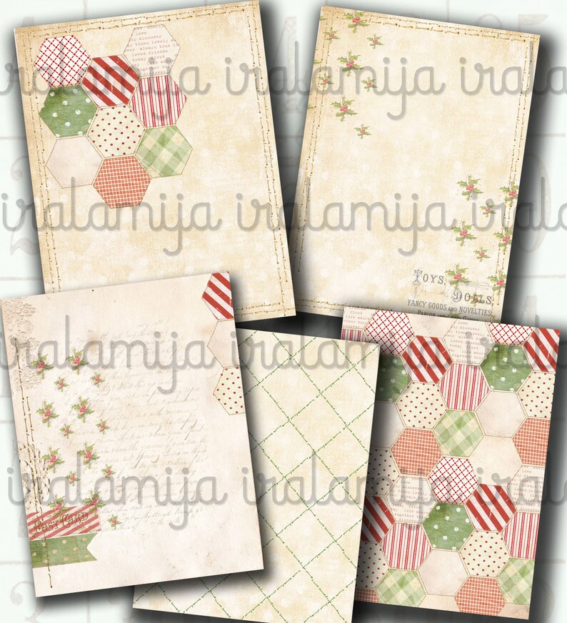 May include: Five digital paper sheets with a Christmas theme. The sheets feature a patchwork design with red, green, and white colors. The sheets also feature a holly design and the text "TOYS & DOLLS, FANCY GOODS AND NOVELTIES".