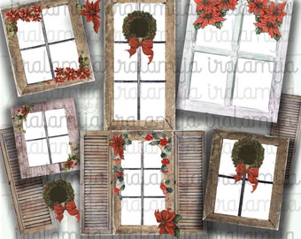 CHRISTMAS WINDOWS Collage Digital Images - printable download file Digital Collage Sheet Vintage Paper Scrapbook / Junk Journal / Scrapbook