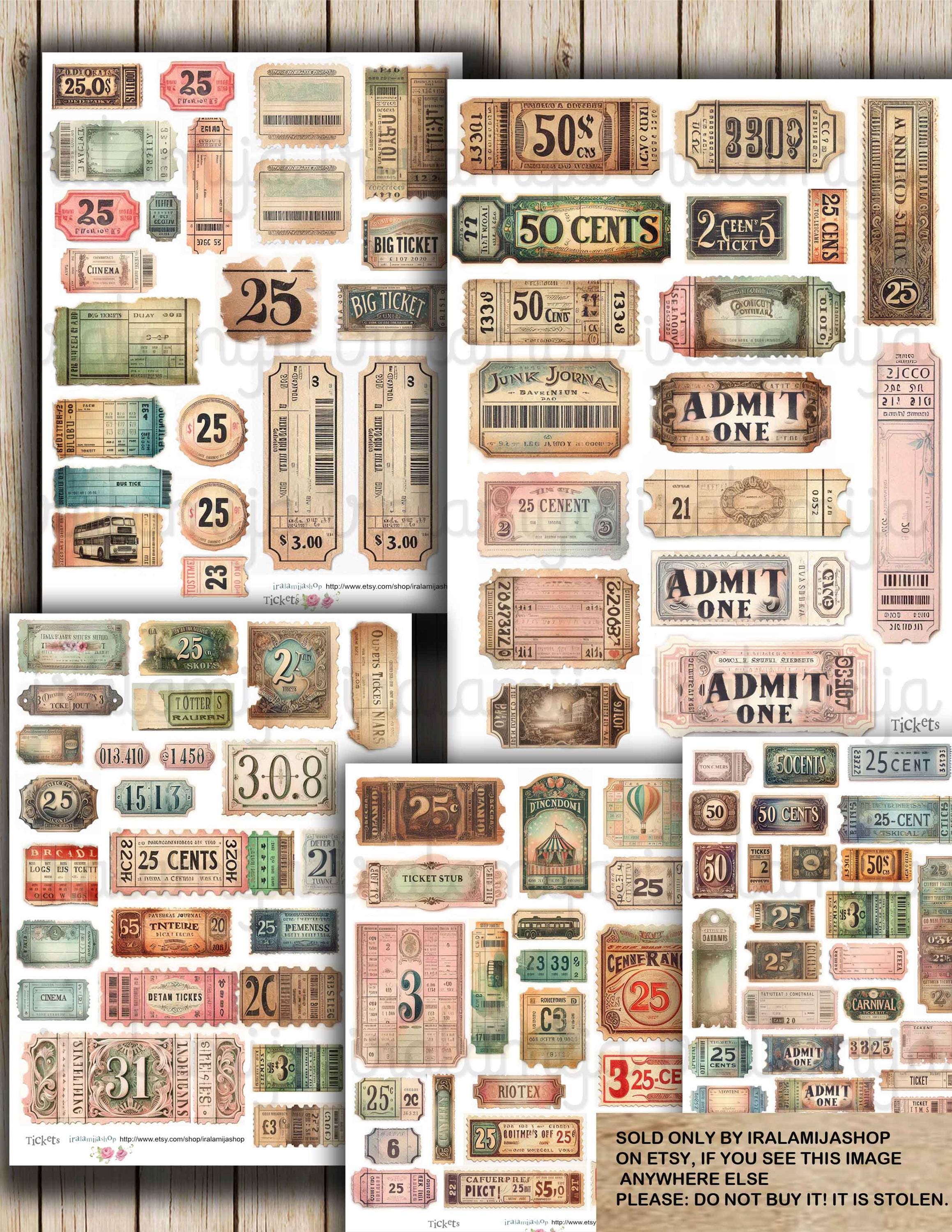 TICKETS Junk Journal Ephemera Fussy Cut Digital Images Vintage Style ...