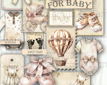 May include: A collection of digital scrapbook paper featuring baby-themed illustrations. The papers include images of a baby carriage, a hot air balloon, baby shoes, and a baby onesie. The papers are decorated with a vintage aesthetic and feature the text "A Gift for Baby", "For Baby", "Our Baby", "Sweet Baby", "Welcome Baby", and "Newborn".