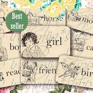 VINTAGE FLASHCARDS Collage Digital Images -printable download file- Flashcards -Mini Flashcards -Vintage Flashcards -Old Flashcard