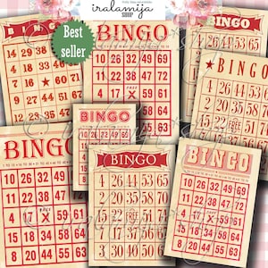 Afdrukbare bingokaarten - RODE BINGOKAARTEN / Vintage Bingokaarten / Afbeeldingen / Vintage Style afdrukbare Bingokaarten / Bingokaart / Rode Bingokaarten