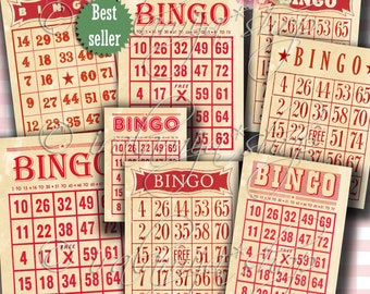 Printable Bingo Cards - RED BINGO CARDS / Vintage Bingo Cards / Images / Vintage Style printable Bingo cards / Bingo Card / Red Bingo Cards