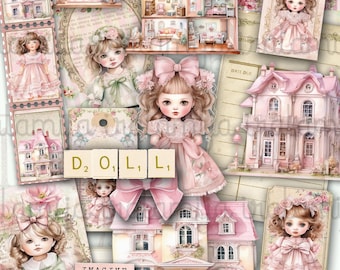 May include: A digital collage featuring pink dollhouses, a girl doll with a pink dress and bow, and the words "D₂O, L, L, 2 1 1", "THOR", "DATE DUE", and "IMAGINE".