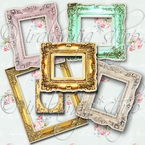 May include: Five ornate picture frames in various colors and styles. The frames are all different sizes and have a vintage look. They are perfect for adding a touch of elegance to any home decor.