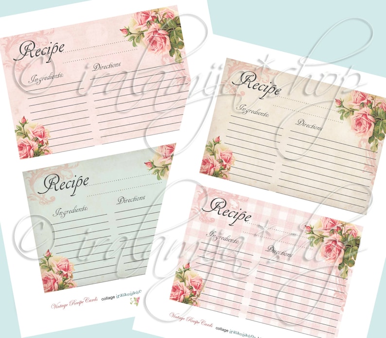 May include: Four printable vintage recipe cards with a floral design. Each card has a title "Recipe" with lines for ingredients and directions.