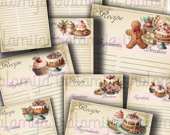 May include: A collection of vintage-style recipe cards with decorative borders. Each card features illustrations of cakes, cupcakes, and other baked goods. The cards include sections for ingredients and directions, perfect for organizing recipes.