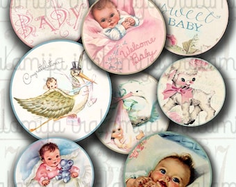 Etiquetas BEBE ROUND CIRCLE Collage Imágenes digitales - archivo de descarga imprimible Hoja de collage digital Etiquetas de papel vintage para álbumes de recortes