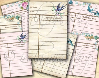 May include: Six vintage library card templates with a pink background and brown lines. Each card has a floral design with blue birds and the words "Author", "Title", "Date Due", and "Borrower's Name".