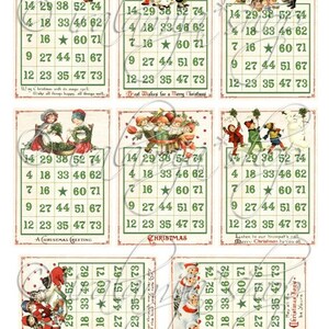 May include: Six vintage Christmas bingo cards with a green and white grid and colorful illustrations of children and holiday scenes. The cards feature numbers 4, 7, 9, 12, 14, 16, 18, 23, 27, 29, 33, 35, 38, 44, 46, 47, 51, 52, 60, 62, 67, 71, 73, and 74. The cards have a festive Christmas theme with the words "A Christmas Greeting", "Christmas", "Merry Christmas", and "Christmas Joy".