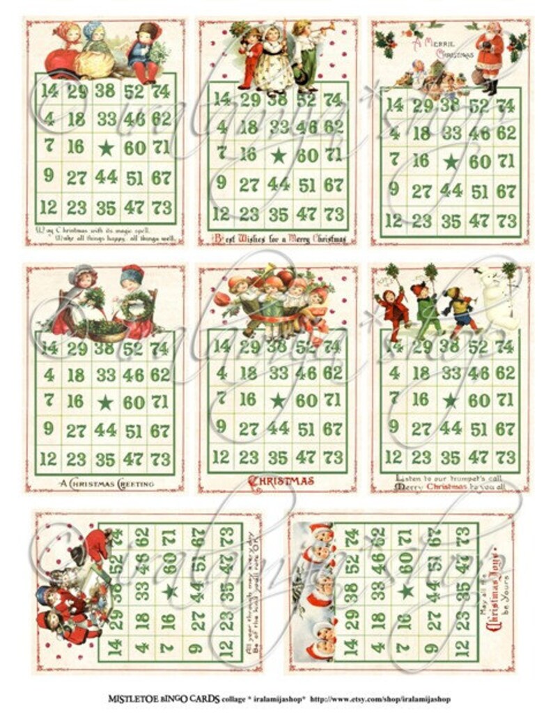 May include: Six vintage Christmas bingo cards with a green and white grid and colorful illustrations of children and holiday scenes. The cards feature numbers 4, 7, 9, 12, 14, 16, 18, 23, 27, 29, 33, 35, 38, 44, 46, 47, 51, 52, 60, 62, 67, 71, 73, and 74. The cards have a festive Christmas theme with the words "A Christmas Greeting", "Christmas", "Merry Christmas", and "Christmas Joy".
