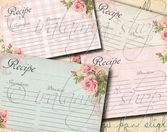 May include: Four printable recipe cards with a pink and white gingham pattern, a blue and white striped pattern, and a floral design with pink roses. The cards have the word "Recipe" at the top and spaces for ingredients and directions.