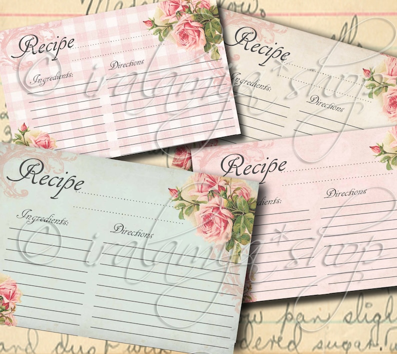May include: Four printable recipe cards with a pink and white gingham pattern, a blue and white striped pattern, and a floral design with pink roses. The cards have the word "Recipe" at the top and spaces for ingredients and directions.