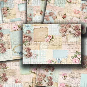 BLU PATCHWORK Documenti, Diario spazzatura, Pagine, Floreale, Vintage, Squallido, Supporto, Blu, Rose, Scrittura a mano, Stampabile, Download digitale, Carta