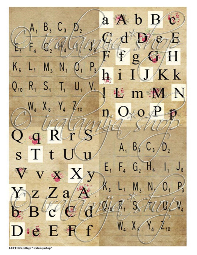 May include: A vintage alphabet collage with floral accents. The letters are arranged in rows and columns on a textured background. The letters are in black and white, and the flowers are in shades of pink and white.