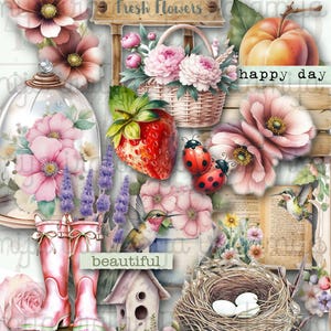 Kit de journal indésirable du jardin imprimable vintage, pages de journal floral éphémères de jardin, papillon, oiseau, fleurs découpées en téléchargement numérique