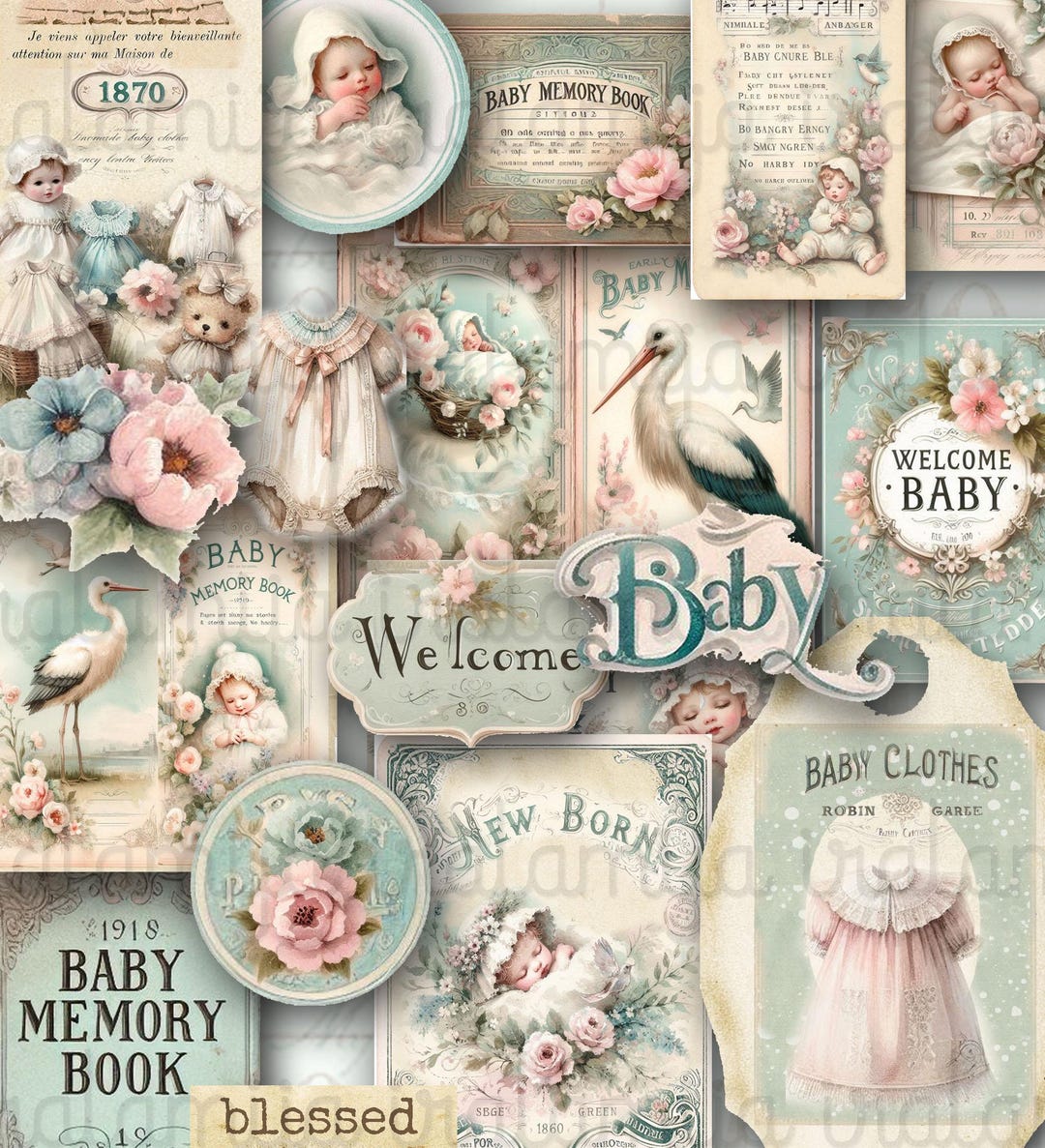 WELCOME BABY Junk Journal Digital Images Newborn Papers Baby Memory ...