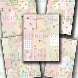 May include: A digital paper pack with a patchwork design featuring pink, green, and blue colors. The paper pack includes various patterns, including gingham, polka dots, and floral designs. The paper pack is perfect for scrapbooking, card making, and other paper crafts.