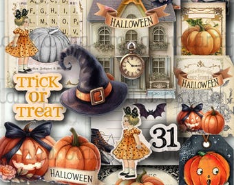 SPOOKY HALLOWEEN Junk Journal Kit Printable Vintage Halloween Ephemera Fussy Cut Pumpkin Digital Download Halloween Ghost Tags Envelope Card