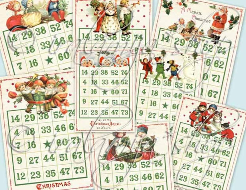May include: A set of six vintage Christmas bingo cards with illustrations of children and a Santa Claus. Each card has a grid of numbers from 1 to 74, with a star in the center. The cards are printed on white paper with red and green borders.