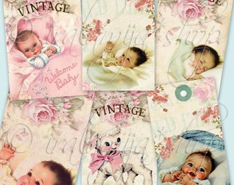 BABY TAGS collage Digital Images -printable download file- Digital Collage Sheet Vintage Paper Scrapbook Jewelry Holders