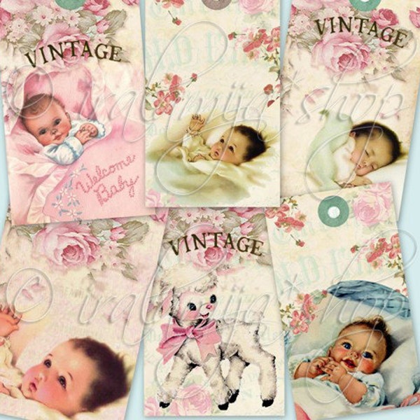 BABY TAGS collage Digital Images -printable download file- Digital Collage Sheet Vintage Paper Scrapbook Jewelry Holders