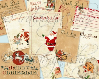 May include: A set of vintage Christmas printable papers featuring Santa Claus, reindeer, and wish lists. The papers are in red, white, and green colors with a distressed look.
