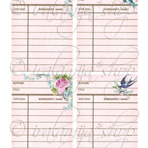May include: Four printable vintage library card templates with floral and bird illustrations. Each card has fields for author, title, date due, and borrower's name.