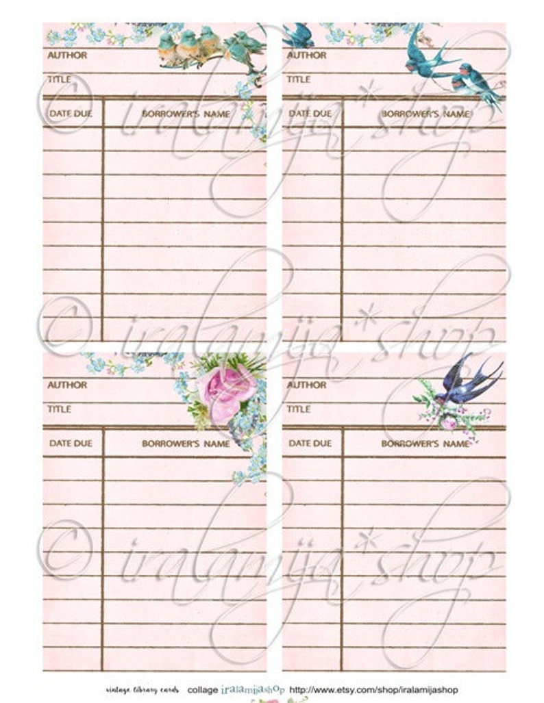 May include: Four printable vintage library card templates with floral and bird illustrations. Each card has fields for author, title, date due, and borrower's name.