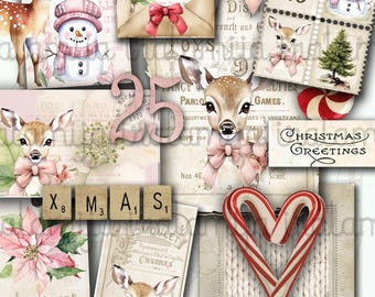 May include: A digital collage of Christmas images featuring a snowman, deer, candy canes, and a vintage postcard with the text "Christmas Greetings". The collage is decorated with pink and red accents and has a winter wonderland theme.