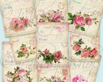 FLORAL TAGS collage digitale afbeeldingen - afdrukbaar downloadbestand digitaal collageblad vintage papieren plakboek