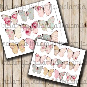 May include: A sheet of printable scrapbook paper with 18 vintage-style butterfly images. The butterflies are in various colors, including pink, blue, and yellow, and feature floral and patterned designs.