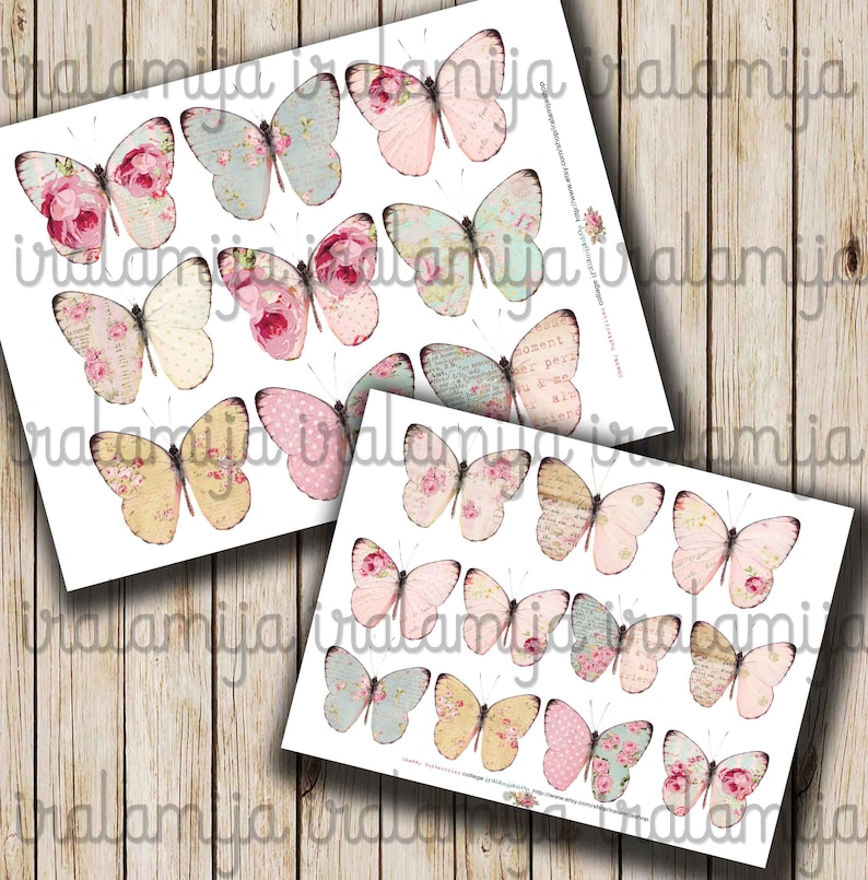 May include: A sheet of printable scrapbook paper with 18 vintage-style butterfly images. The butterflies are in various colors, including pink, blue, and yellow, and feature floral and patterned designs.